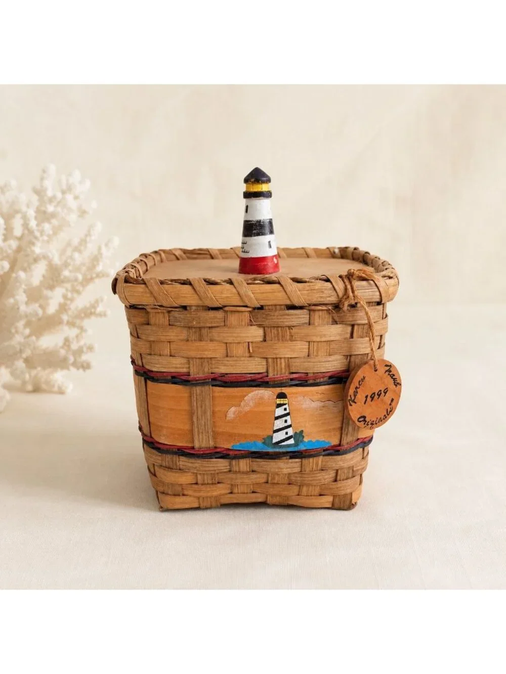 Vintage Karen Traub Originals Wicker Lighthouse Basket Coastal Nautical Folk Art